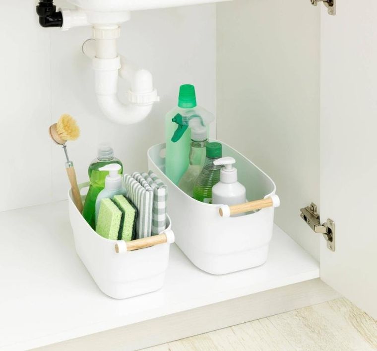 Wenko, pojemnik plastikowy z drewnianą rączką, 18-15,5-33,5 cm