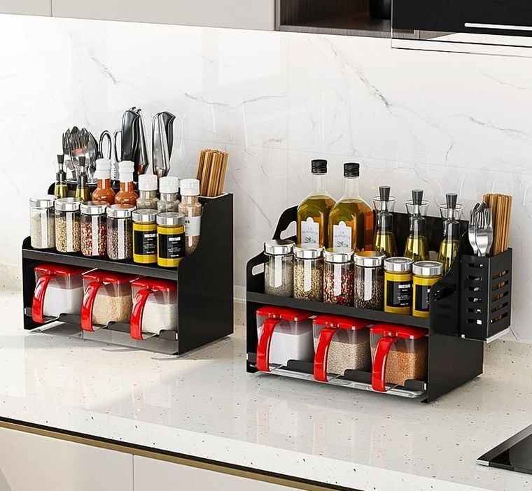 Wielofunkcyjny stojak na przyprawy kuchenne, czarny, dwupoziomowy