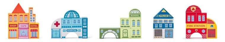 Woodyland, drewniana kolejka z miastem, walizka, 55 elementów