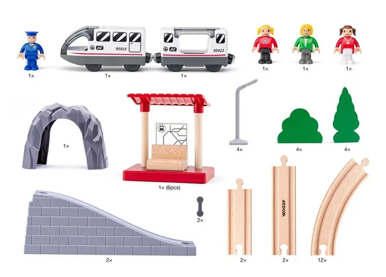 Woodyland, kolejka drewniana z figurkami, 45 elementów