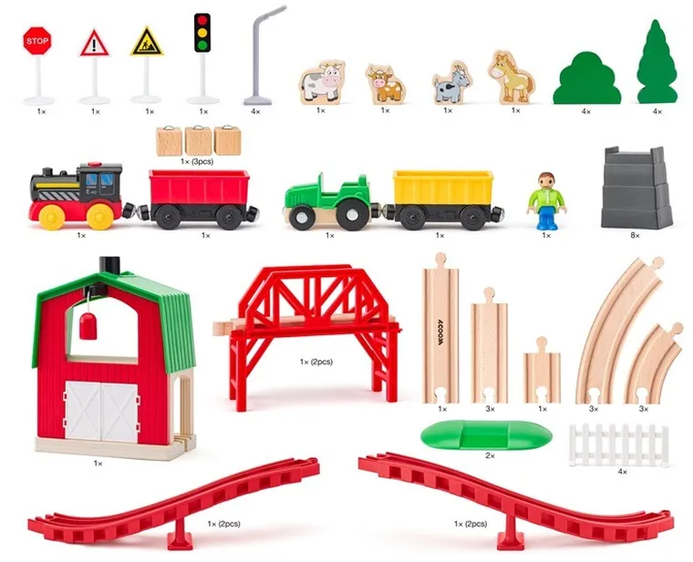 Woodyland, kolejka drewniana z figurkami, 60 elementów