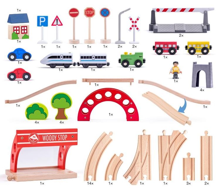 Woodyland, kolejka drewniana z figurkami, 60 elementów
