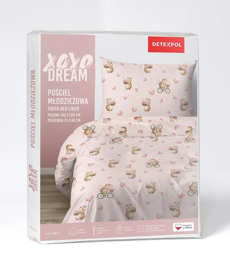XOXO, komplet pościeli młodzieżowej, 140-200 cm + 70-80 cm, kapibara na rowerze