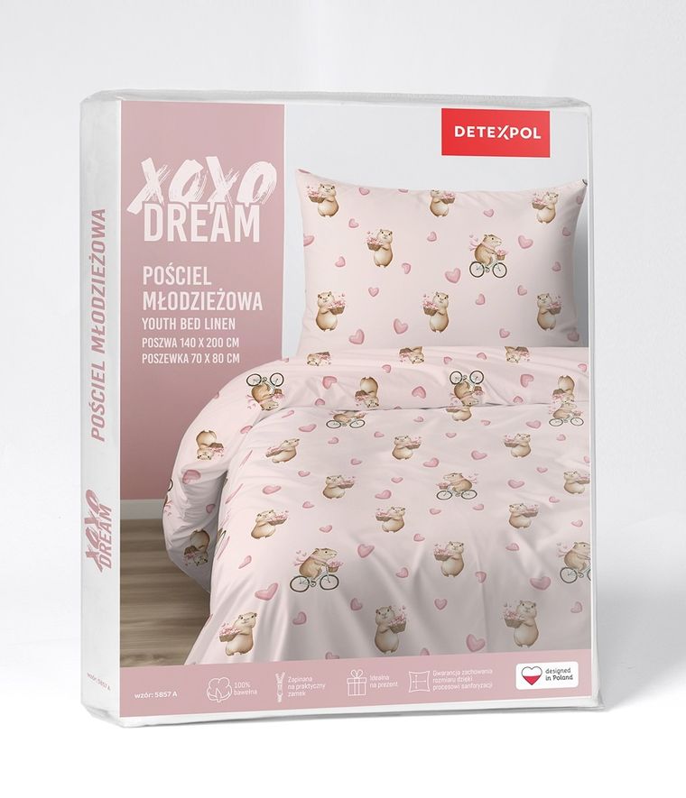 XOXO, komplet pościeli młodzieżowej, 160-200 cm + 70-80 cm, kopibara na rowerze