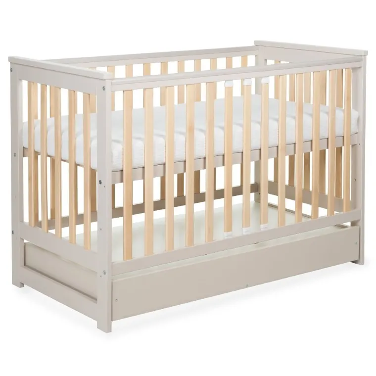 Yoonco, IWI, łóżeczko drewniane z szufladą i barierką, beż/buk