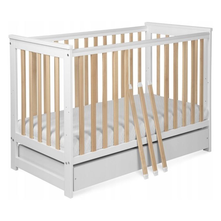 Yoonco, IWI, łóżeczko drewniane z szufladą i barierką, białe/buk