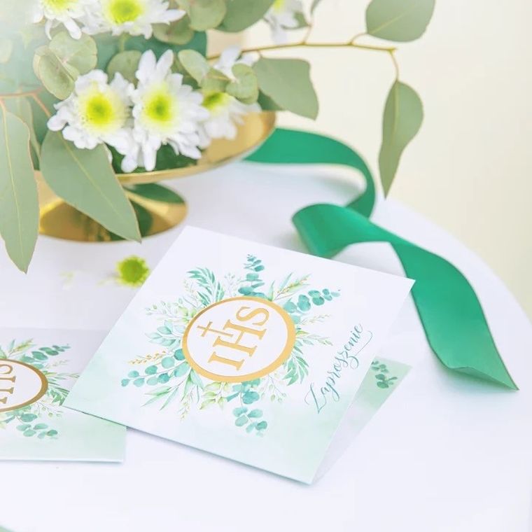 Zaproszenia na Komunię, IHS, złote, 10 szt.