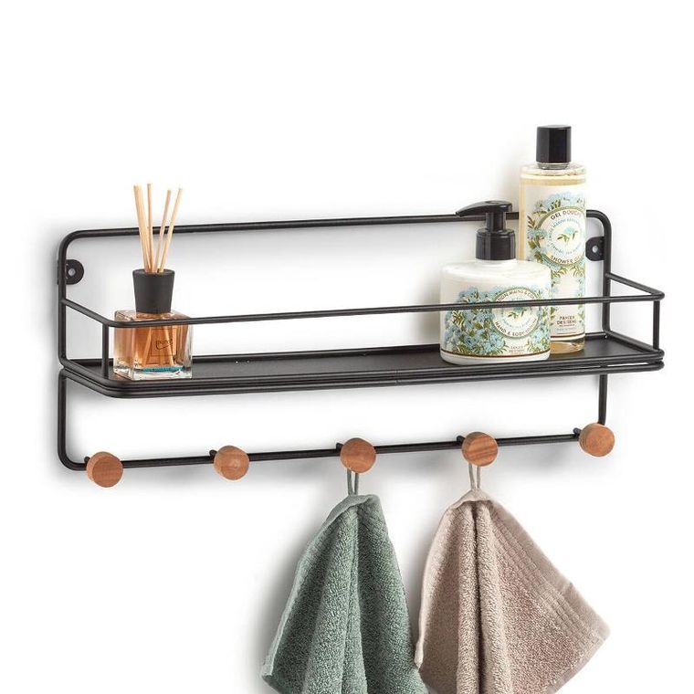 Zeller, metalowa półka ścienna z drewnianymi haczykami