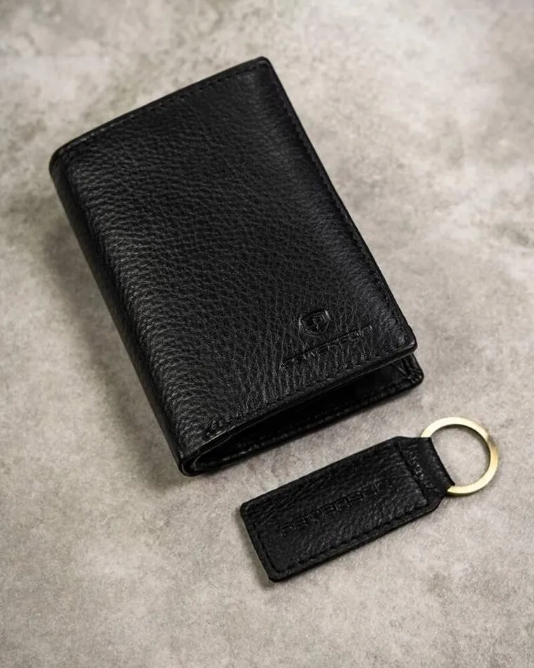 Zestaw: Portfel, Brelok, czarny, skórzany, RFID, Peterson