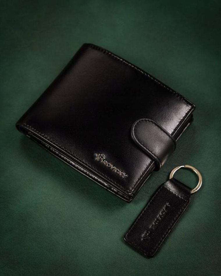 Zestaw: Portfel, Brelok, czarny, skórzany, RFID, Rovicky