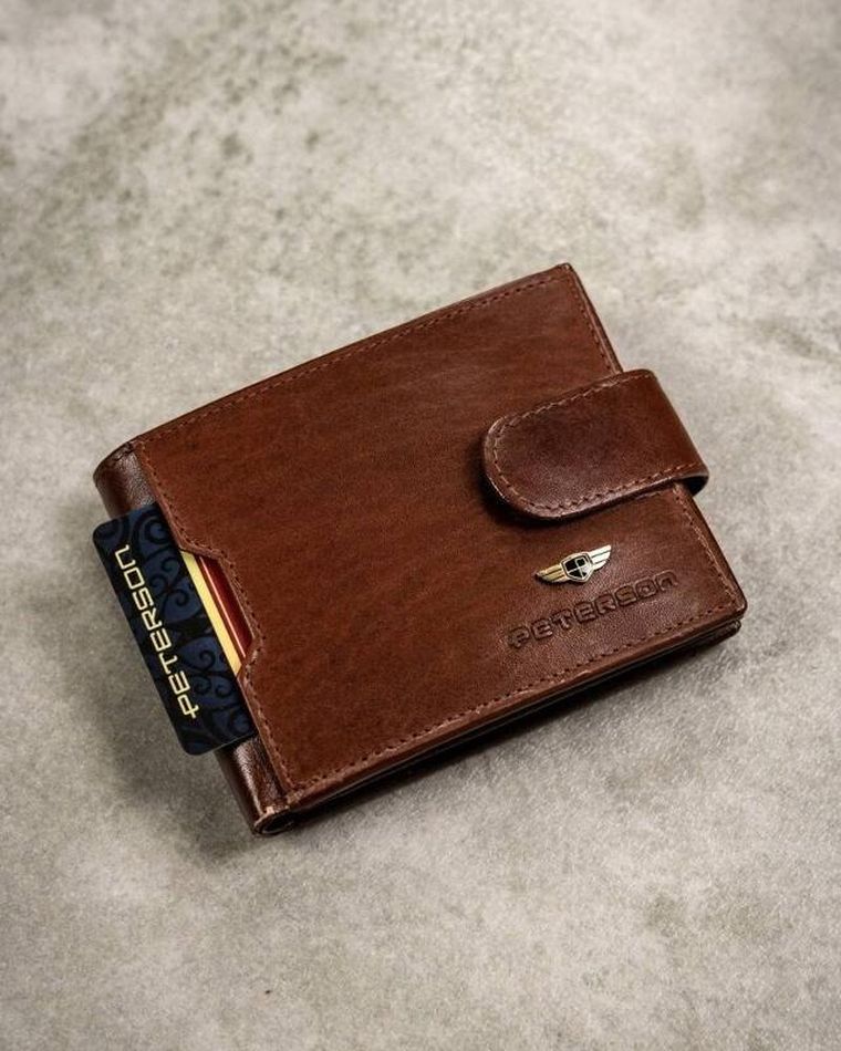 Zestaw: Portfel, Etui na karty, Brelok, brązowy, skórzany, RFID, Peterson