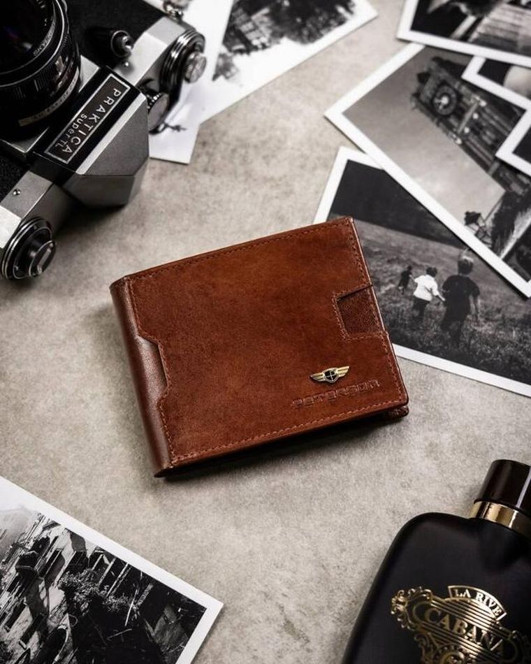 Zestaw: Portfel, Etui na karty, Brelok, brązowy, skórzany, RFID, Peterson