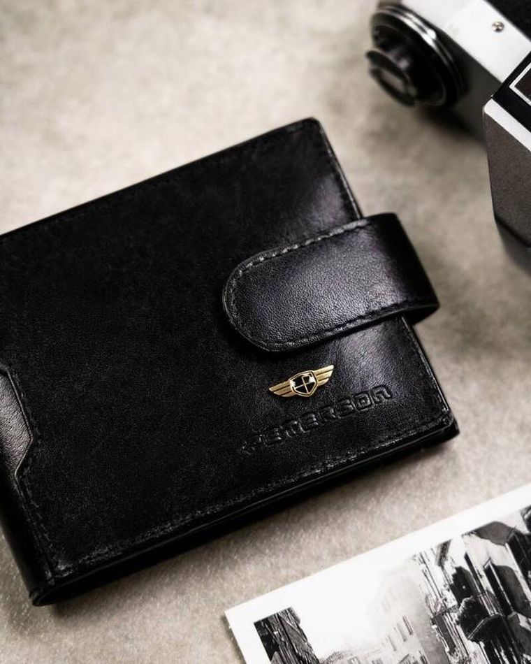 Zestaw: Portfel, Etui na karty, Brelok, czarny, skórzany, RFID, Peterson