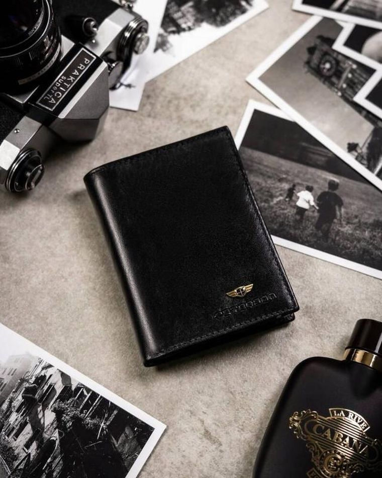 Zestaw: Portfel, Etui na karty, Brelok, czarny, skórzany, RFID, Peterson