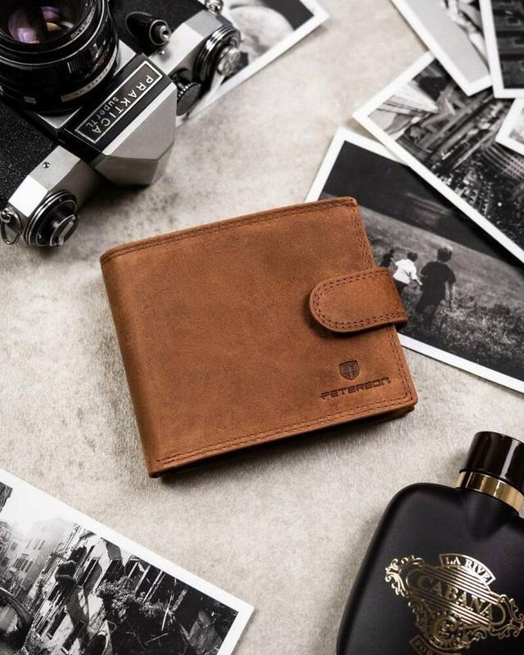 Zestaw prezentowy: Portfel, Brelok, brązowy, skórzany, RFID, Peterson
