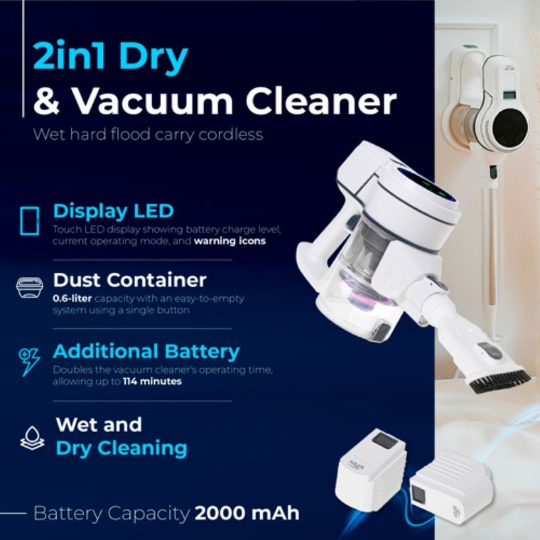 Adler, odkurzacz pionowy do czyszczenia na sucho i na mokro do podłóg twardych