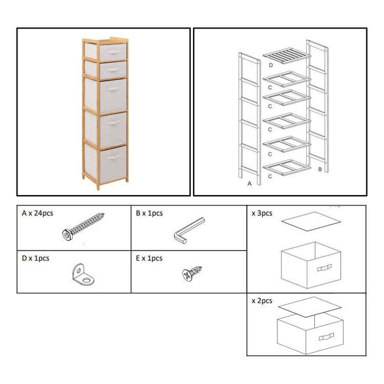 5five Simply Smart, wysoki regał bambusowy, Tidy z 5 materiałowymi koszami, wys. 144.3 cm