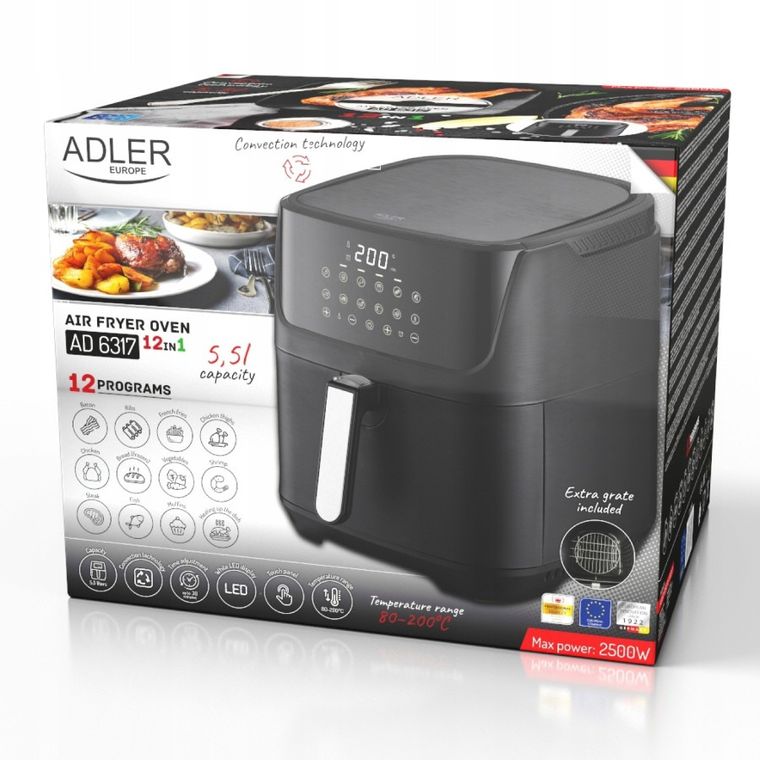 Adler, frytkownica beztłuszczowa, air fryer, 12 programów, 5,5l