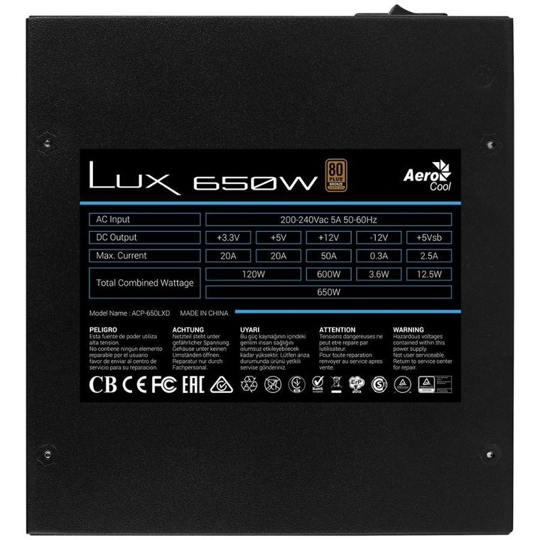 Aerocool, zasilacz, Pgs Lux 650W 80+ Bronze