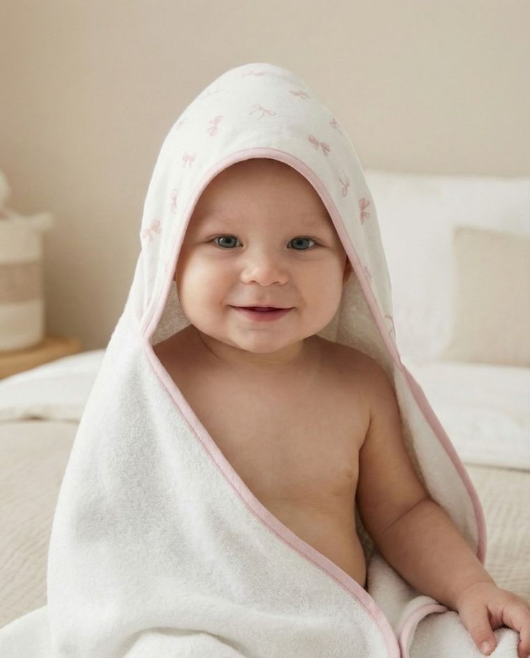 Albero Mio, Pudrowe kokardki, ręcznik bambusowy z kapturkiem, 70-120 cm