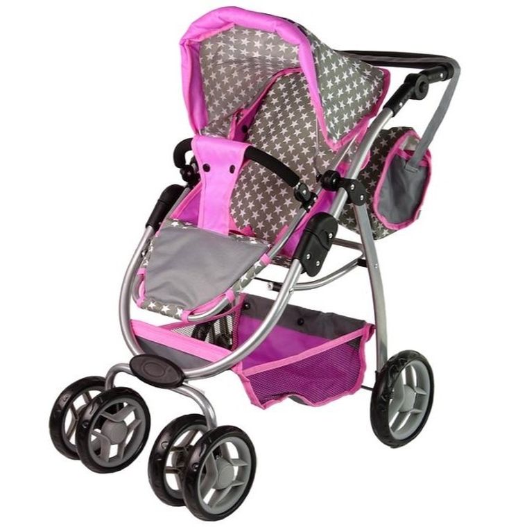 Alice, wózek dla lalek 2w1, spacerówka gondola, torba, gwiazdki, różowy