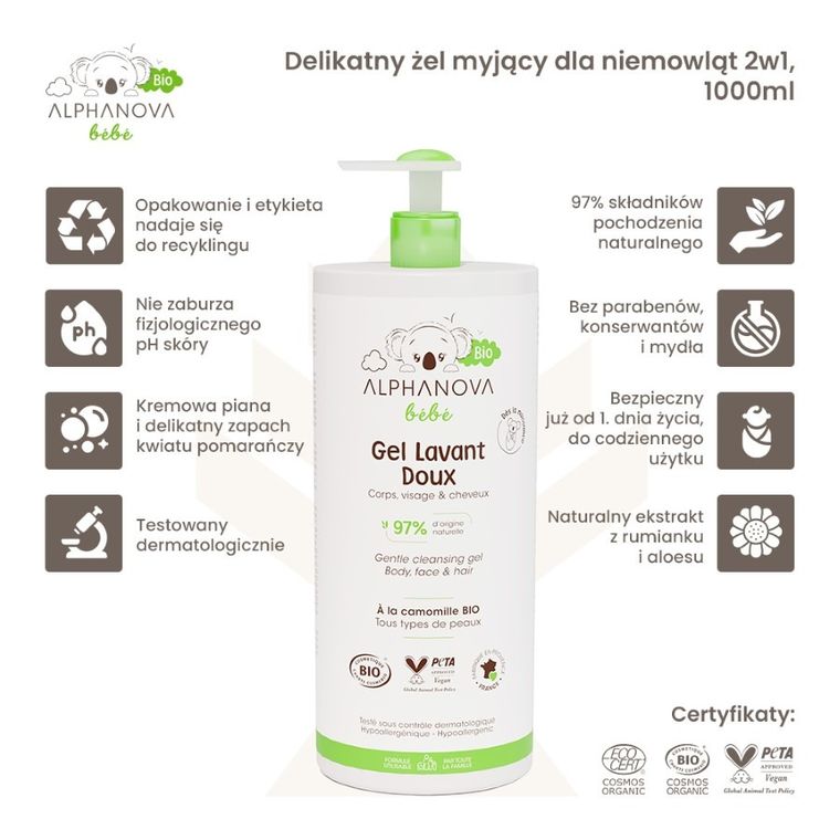 Alphanova Bebe Bio, delikatny żel myjący dla niemowląt 2w1, 1000 ml