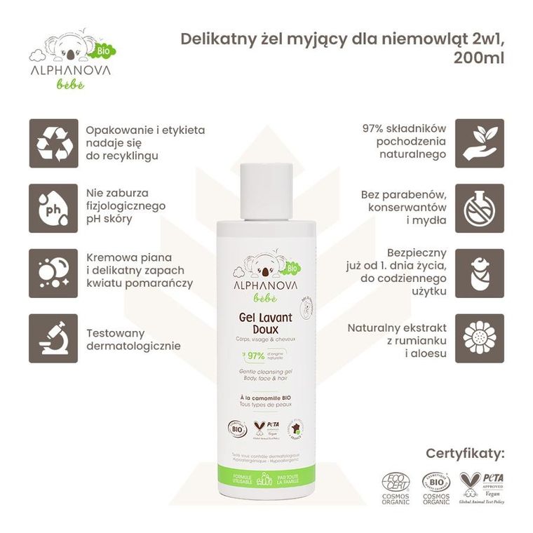 Alphanova Bebe, Bio, delikatny żel myjący dla niemowląt 2w1, 200 ml