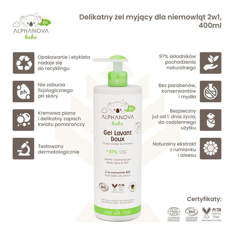 Alphanova Bebe, Bio, delikatny żel myjący dla niemowląt 2w1, 400 ml