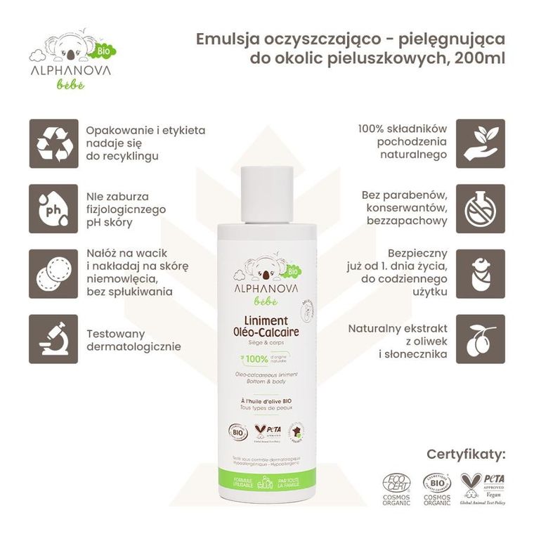 Alphanova Bebe, Bio, emulsja oczyszczająca z kompleksem pielęgnacyjnym do okolic pieluszkowych, 200 ml