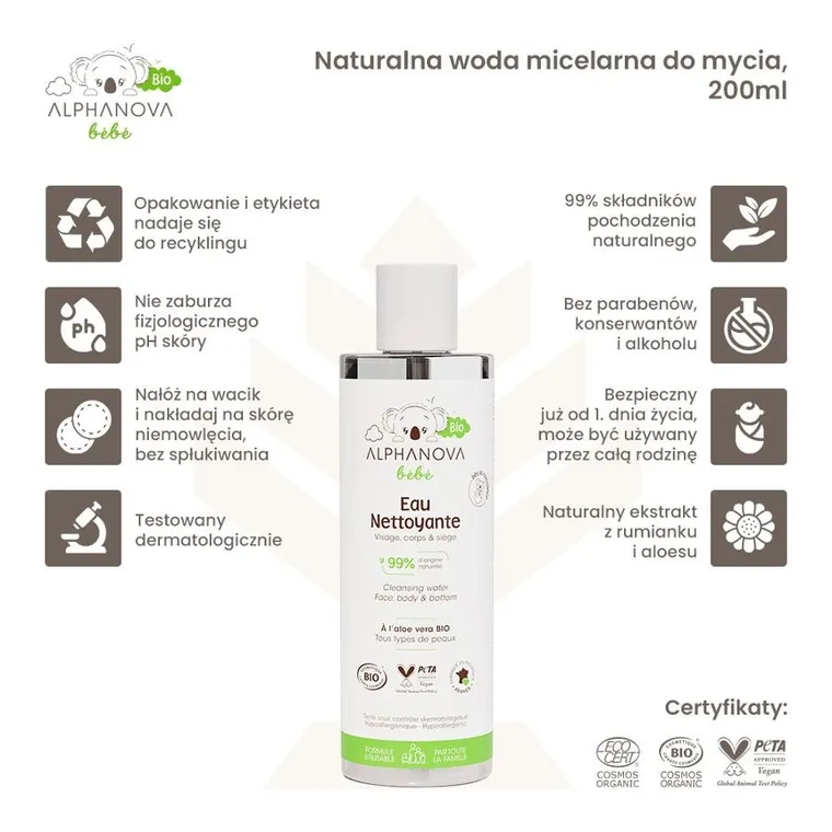 Alphanova Bebe, Bio, naturalna woda micelarna do mycia, 200ml