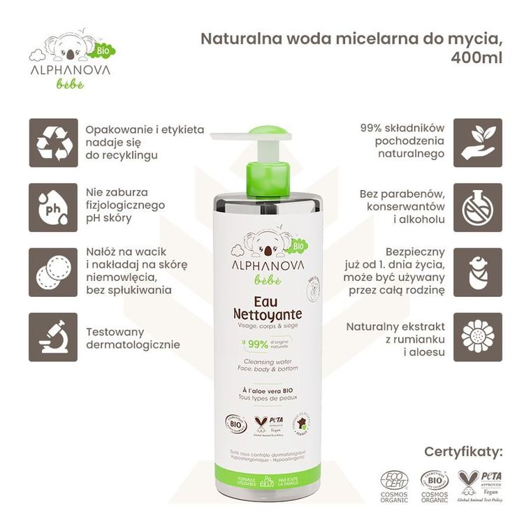 Alphanova Bebe, Bio, naturalna woda micelarna do mycia, 400 ml