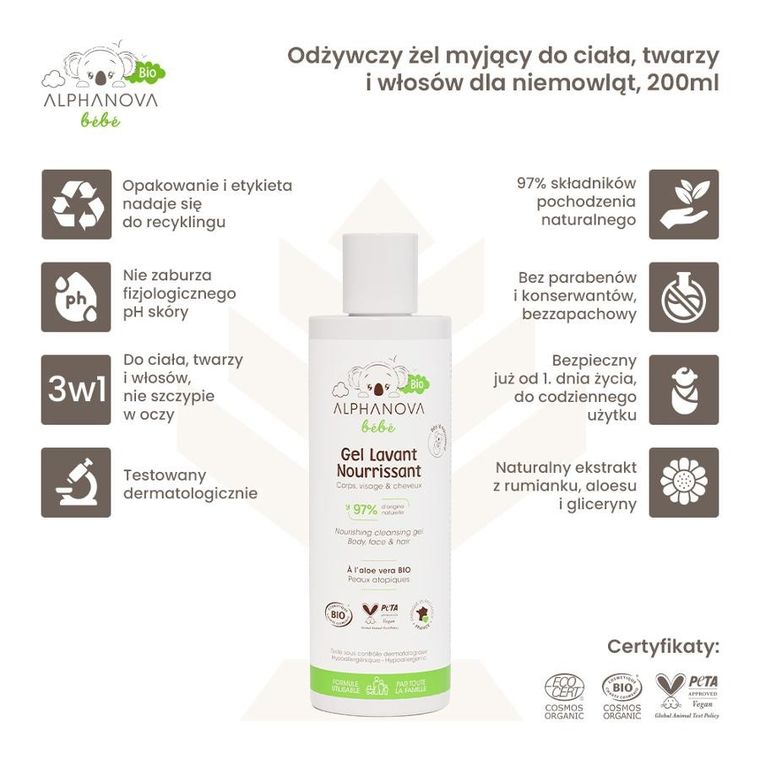 Alphanova Bebe Bio, odżywczy żel myjący do ciała, twarzy i włosów dla niemowląt, 200 ml
