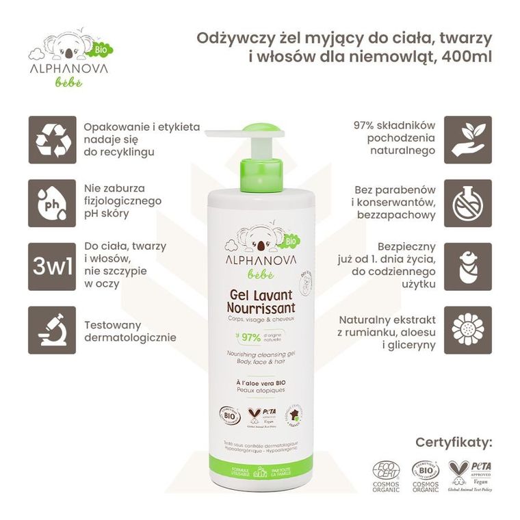Alphanova Bebe, Bio, odżywczy żel myjący do ciała, twarzy i włosów dla niemowląt, 400 ml