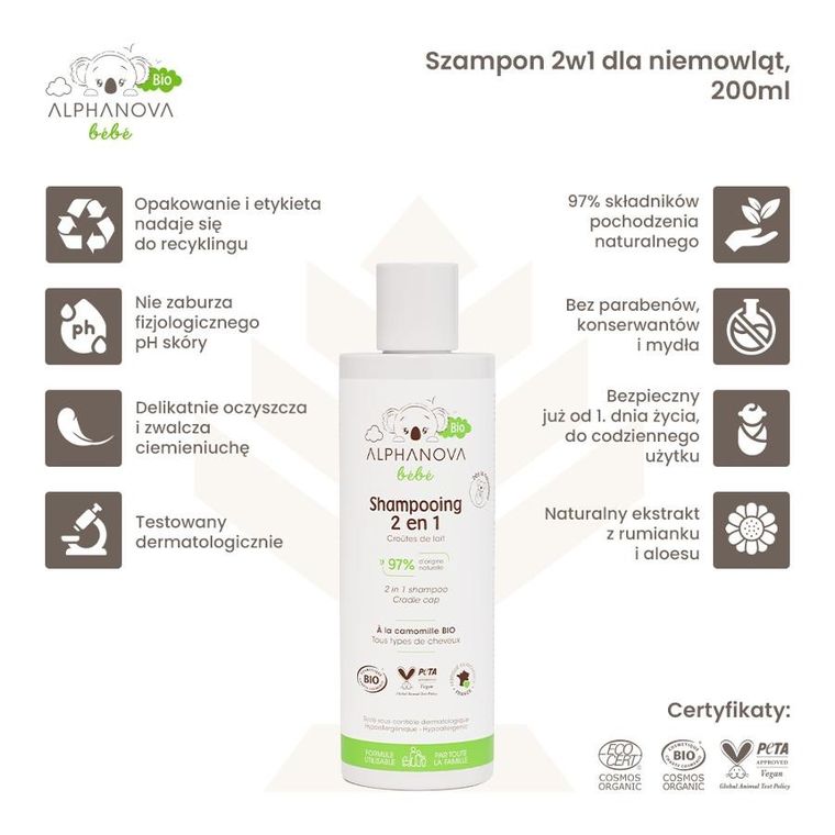 Alphanova Bebe, Bio, Szampon 2w1 dla niemowląt, 200 ml