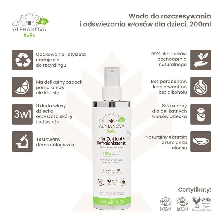Alphanova Bebe, Bio, woda do rozczesywania i odświeżania włosów dla dzieci, 200 ml
