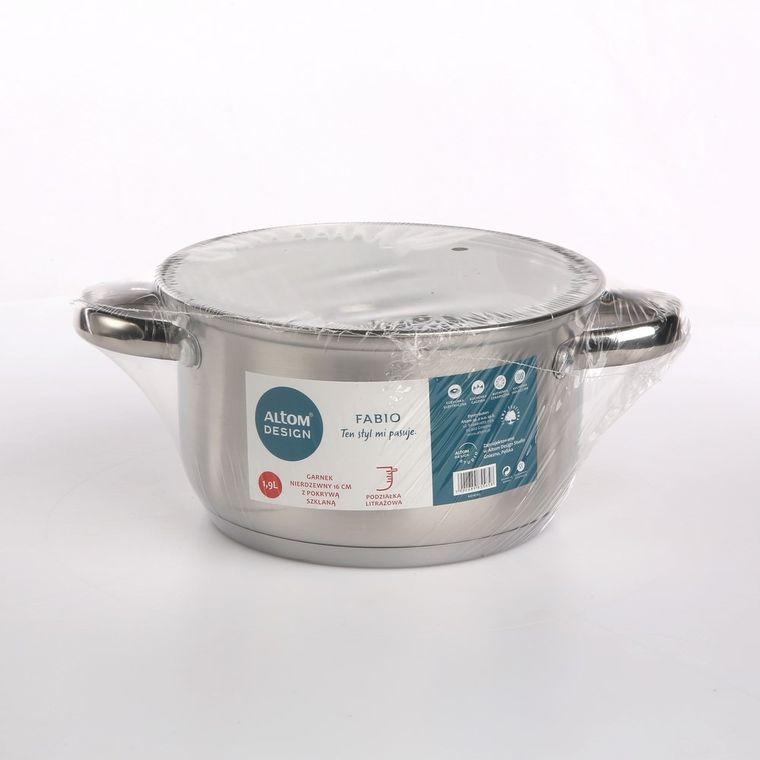 Altom Design, Fabio, garnek nierdzewny z pokrywą szklaną, 1,9l, 16 cm