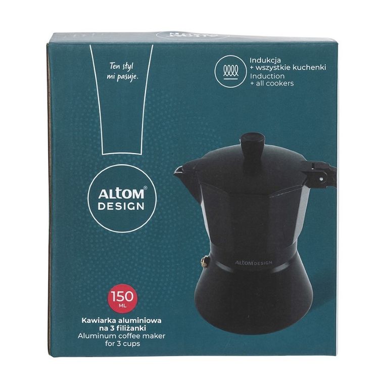 Altom Design, kawiarka aluminiowa, 150 ml na 3 filiżanki, czarna, indukcja