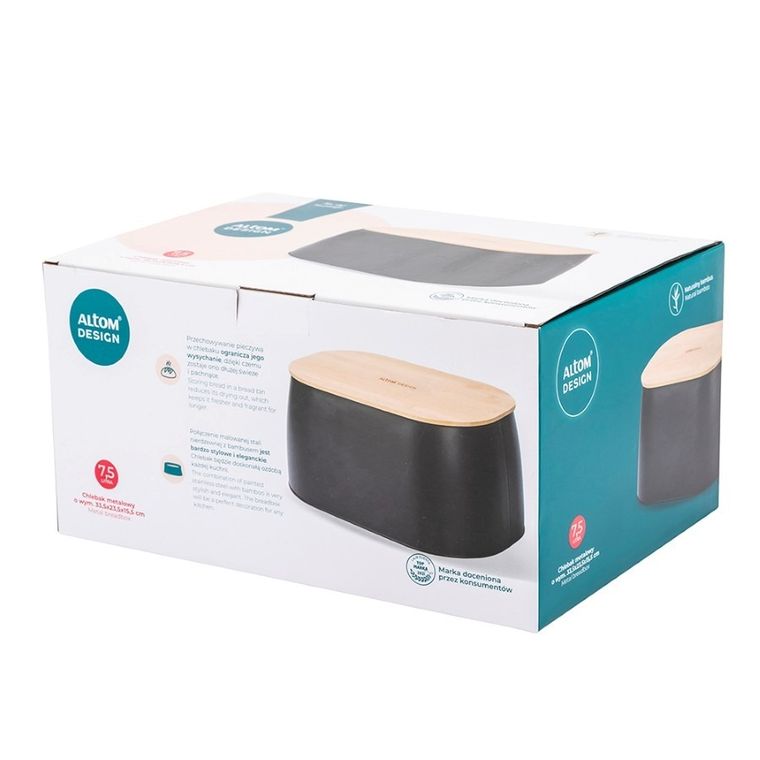 Altom Design, metalowy chlebak z pokrywą bambusową, 33,5-23,5-15,5 cm