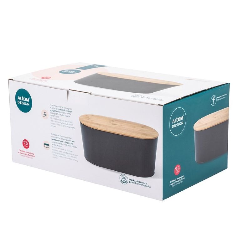 Altom Design, metalowy chlebak z pokrywą bambusową, czarny, 36-20-15 cm