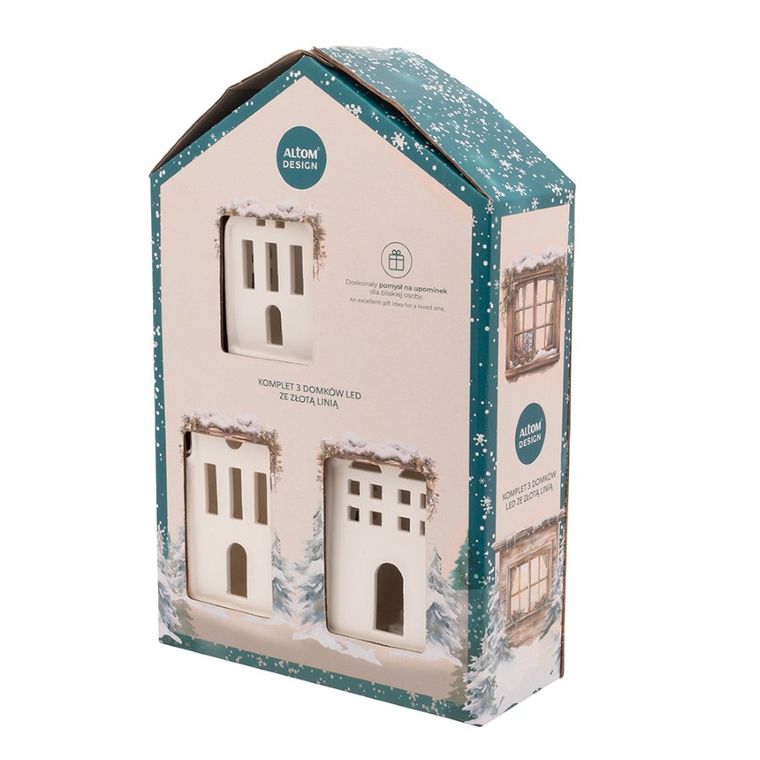 Altom Design, zestaw prezentowy: komplet domków LED ze złotą linią, 3 szt.