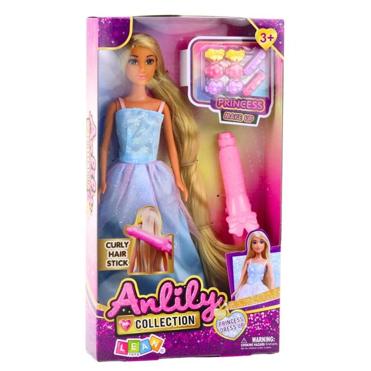 Anlily, lalka w sukni balowej z długimi włosami do stylizacji lokówką