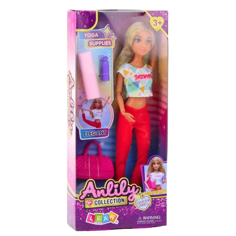 Anlily, lalka z akcesoriami do jogi, mata, torba, bidon
