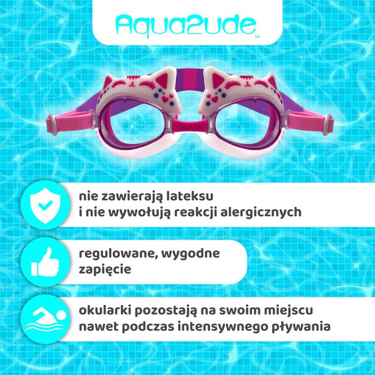 Aqua2ude, okulary do pływania dla dzieci, Kotek, różowy