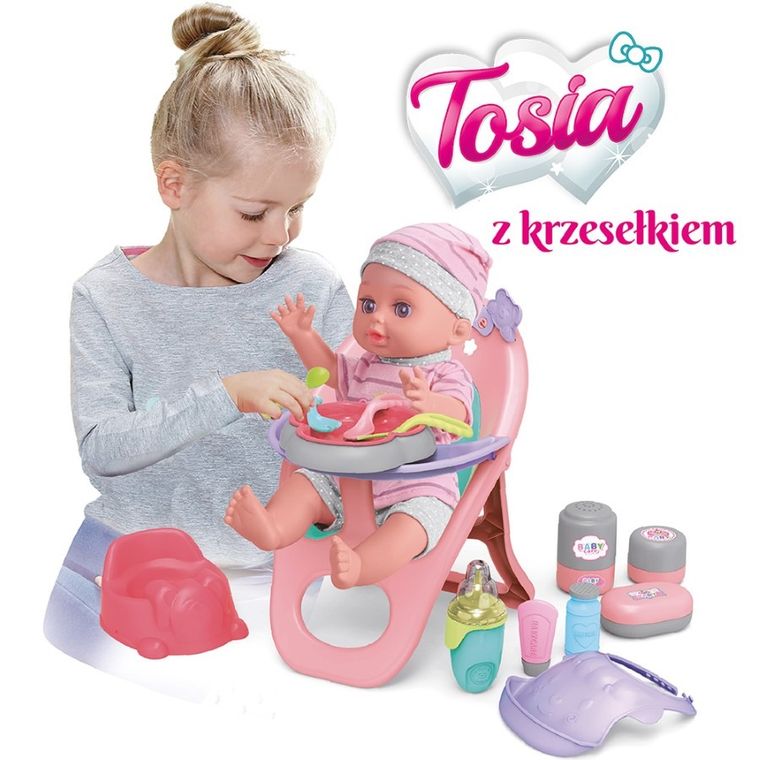 Askato, lalka z krzesełkiem do karmienia, szaro-różowe ubranko