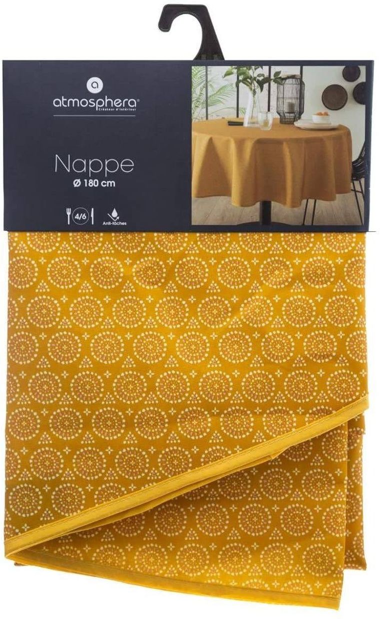 Atmosphera, obrus na stół okrągły, Ø 180 cm, ochra z nadrukiem etnicznym