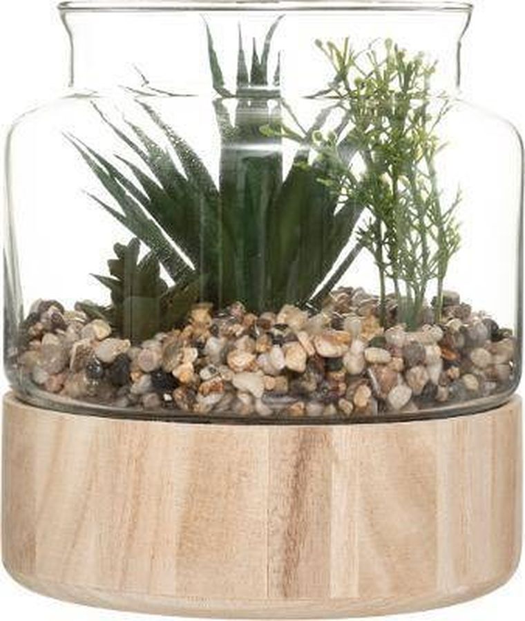 Atmosphera, sztuczne rośliny w szklanym terrarium na podstawie, wys. 17,5 cm