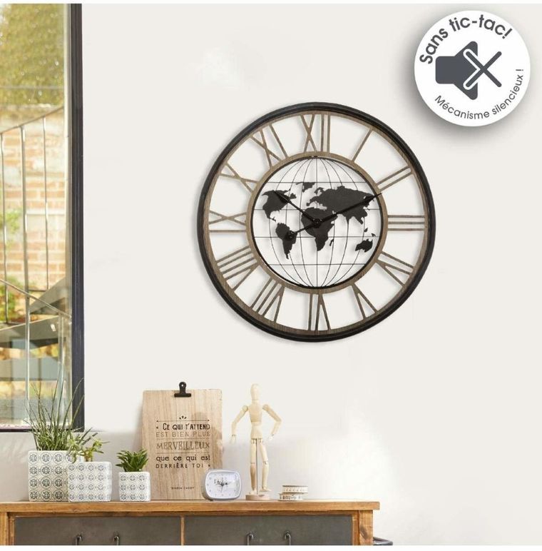 Atmosphera, zegar na ścianę z mapą świata i rzymskimi cyframi, cichy mechanizm, Ø 67 cm