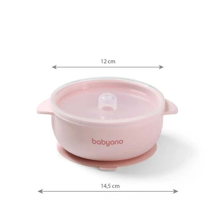 BabyOno, silikonowa miseczka z przyssawką i przykrywką, różowa