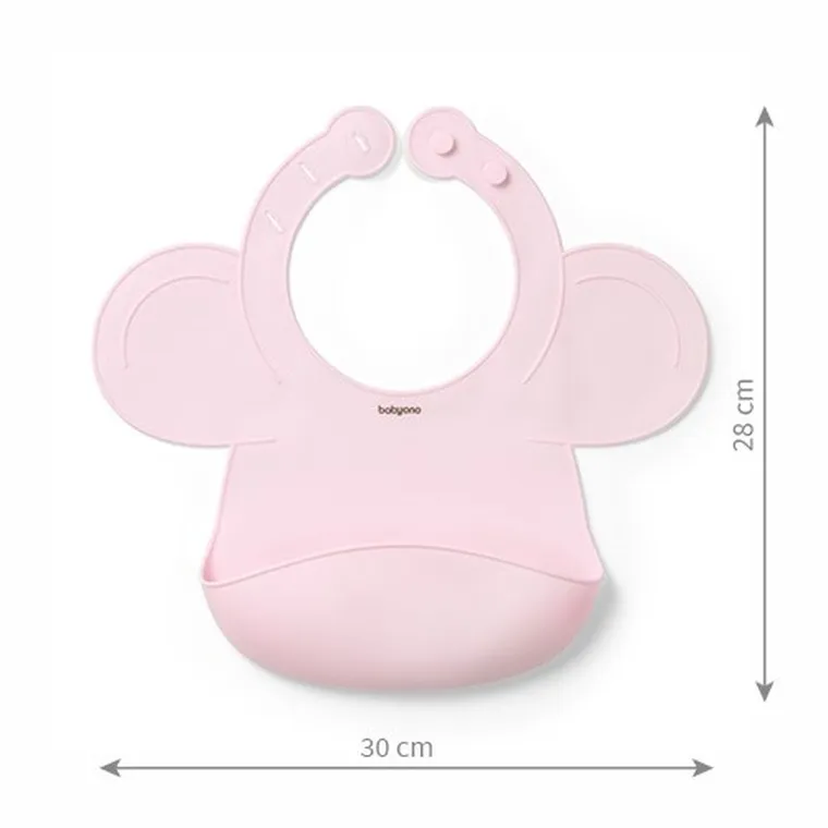 BabyOno, silikonowy śliniak z regulowanym zapięciem, różowy