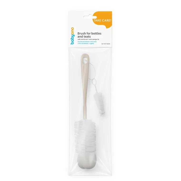 BabyOno, szczotka do butelek i smoczków z gąbką i mini szczoteczką, beżowa